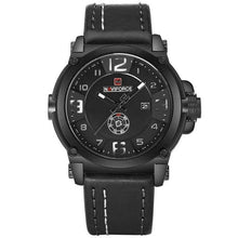 Load image into Gallery viewer, Leather Mens Watch With Additional Stitching Black White