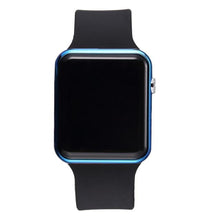Load image into Gallery viewer, Slim black sport electronic watch with rectangular face and blue metallic frame.