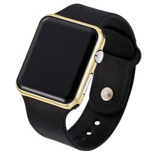 Load image into Gallery viewer, Slim electronic sport watch with black silicone band and gold-tone square case.
