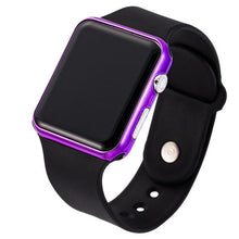 Load image into Gallery viewer, Slim sport smartwatch with black silicone band and metallic purple case.