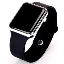 Load image into Gallery viewer, Slim sport electronic watch with black rectangular face and black silicone band.