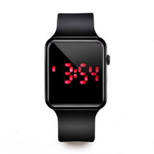 Load image into Gallery viewer, Slim black sport watch with red LED digital display and black silicone strap.