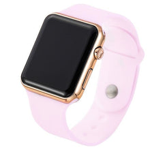 Load image into Gallery viewer, Slim sport electronic watch with rose gold case and light pink silicone band.