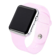 Load image into Gallery viewer, Slim electronic sports watch with silver casing and soft pale pink silicone band.