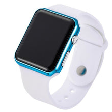 Load image into Gallery viewer, Sporty electronic watch with slim white silicone band and metallic blue rectangular case.