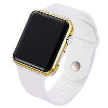 Load image into Gallery viewer, Slim white sport watch with gold-trimmed rectangular digital face and white silicone band.