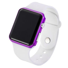 Load image into Gallery viewer, Slim white sport watch with purple metallic bezel and digital display.