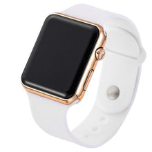 Load image into Gallery viewer, Slim electronic sport watch with rose gold case and white silicone band.