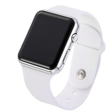 Load image into Gallery viewer, Slim sport electronic watch with white silicone band and silver rectangular case.