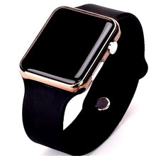 Load image into Gallery viewer, Slim black sport watch with rose gold rectangular case and black silicone strap.
