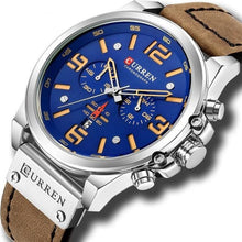 Load image into Gallery viewer, Mens Watch Genuine Leather Chronograph Silver Blue
