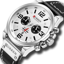 Load image into Gallery viewer, Mens Watch Genuine Leather Chronograph Silver White
