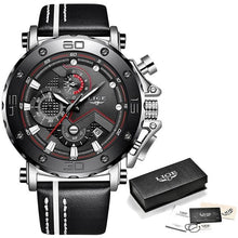 Load image into Gallery viewer, Mens Watch Military Large Dial Leather Sport Chronograph Silver Black