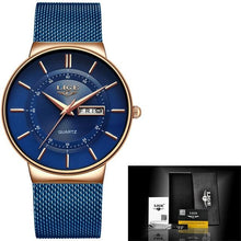 Load image into Gallery viewer, Stainless Steel Mesh Slim Mens Watch Rose Gold Blue