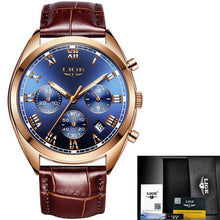 Load image into Gallery viewer, Stitched Leather Classic Watch For Men With Calendar Gold Blue
